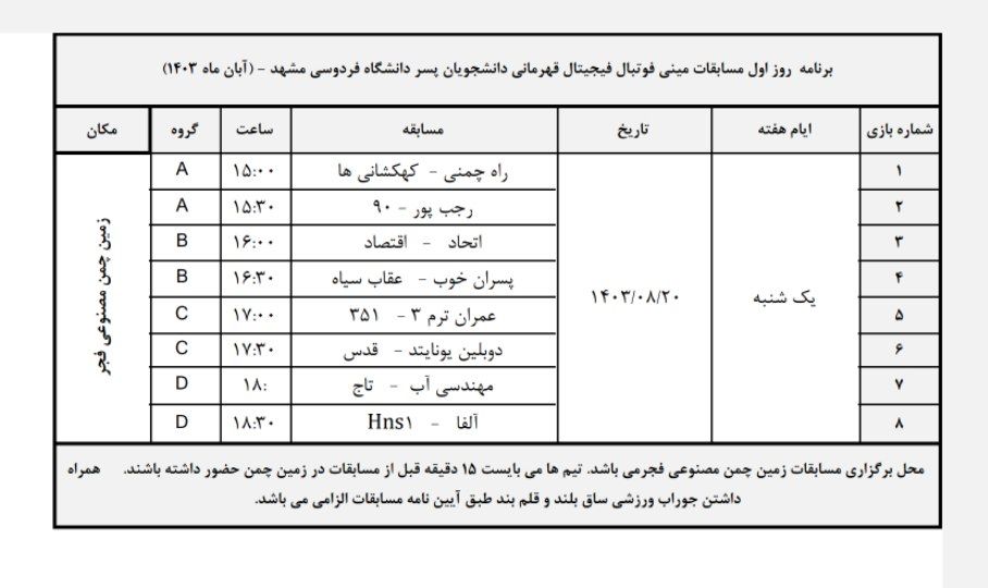 جدول زمانبندی بازی های روز اول مینی فوتبال زمین چمن مصنوعی انتخابی استان المپیاد فناورانه